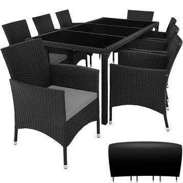 Wicker zitgroep 8+1 met beschermhoes - zwart / grijs, Verzenden, Nieuw
