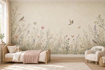 Bloemen behang babykamer – fotobehang met vogels, Verzenden, Fotobehang