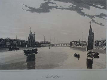 Zeer zeldzame aquatint Amsterdam met schepen John Carr 1807, 1800 - 1899, Verzenden, Origineel, Overige technieken