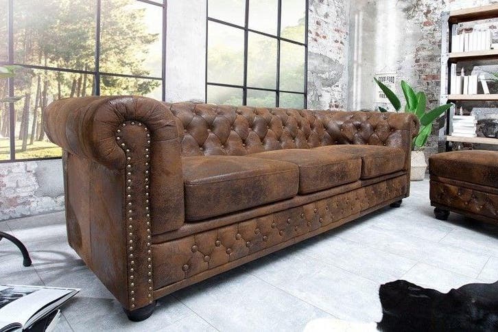 Chesterfield 3-zitsbank 205cm antiekbruin met knoopstiksel, Huis en Inrichting, Banken | Bankstellen, Ophalen of Verzenden