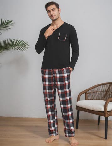 Herenset: Geruite Katoenen Pyjama met V-hals, Lange Mouwen e, Kleding | Heren, Verzenden, Nieuw