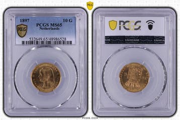 Gouden Wilhelmina 10 gulden 1897 MS65 PCGS vaste parels, Postzegels en Munten, Munten | Nederland, Verzenden, Goud, Koningin Wilhelmina