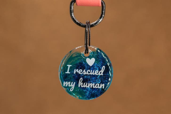 Grappige hondenpenning - I rescued my human, Dieren en Toebehoren, Hondenhalsbanden en Penningen, Handgemaakt, Nieuw, Verzenden