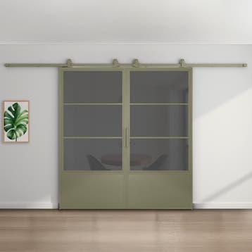 Dubbele stalen schuifdeur 3 Vlaks met kickplate Olijfgroen R, Nieuw, Metaal, 75 tot 150 cm, 150 tot 225 cm