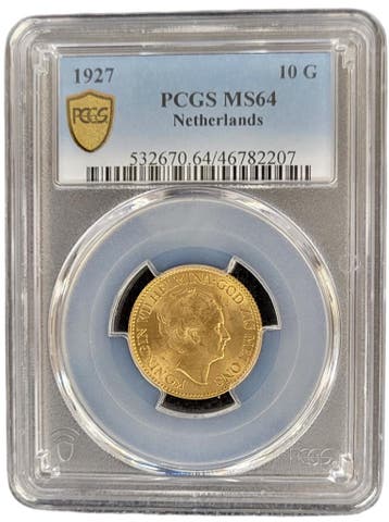 Gouden Wilhelmina 10 gulden 1927 MS64 PCGS gecertificeerd, Postzegels en Munten, Munten | Nederland, Verzenden, Goud, Koningin Wilhelmina