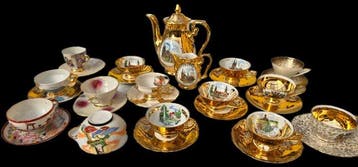 Koffie- en theeservies (15) - Porselein, Glazuur, verguld