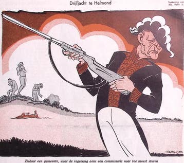 Spotprent over drijfjacht te Helmond (lijst optie, Lithos), Verzenden
