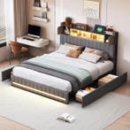 Dubbel Bed 140x200 cm met LED Hoofdbord, USB en Opberglades, Huis en Inrichting, Slaapkamer | Bedden, Verzenden, Nieuw
