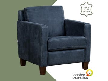 Leren fauteuil Smart - Kenia Denim (blauw) - Poten hout, Nieuw, Ophalen of Verzenden, Bohemian, Eigentijds, Modern, Retro, 50 tot 75 cm