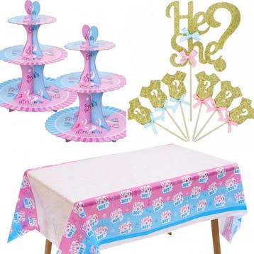 Genderreval cupcake en taartset:toppers,tafelkleden, etagere, Ophalen of Verzenden, Nieuw, Versiering, Geboorte of Huwelijk