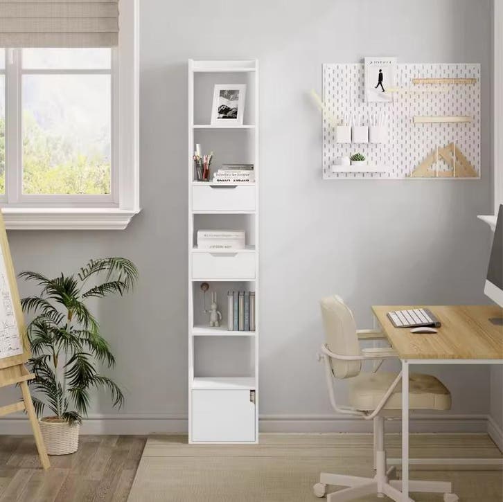 Smalle Hoge Boekenkast met 6 Vakken, 2 Lades en Deurvak, Huis en Inrichting, Kasten | Boekenkasten, Nieuw, Verzenden