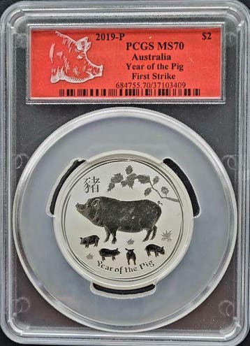 Lunar II - Year of the Pig - 2 oz 2019 PCGS MS70, Verzenden, Losse munt, Zilver