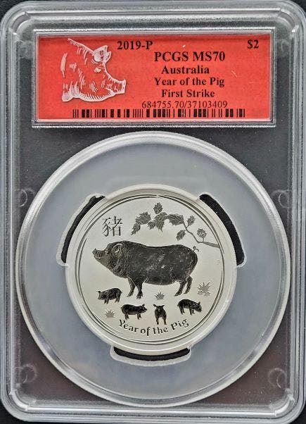 Lunar II - Year of the Pig - 2 oz 2019 PCGS MS70, Postzegels en Munten, Munten | Oceanië, Losse munt, Zilver, Verzenden