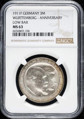 Duitsland, Württemberg Wilhelm II. 3 Mark 1911 - NGC MS63