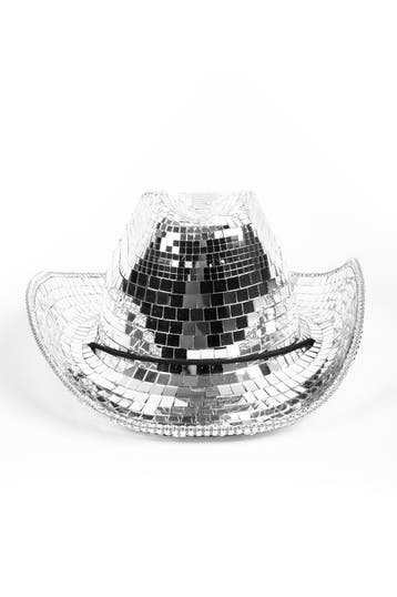 KIMU® Cowboyhoed Spiegeltjes Zilver Disco Hoed Spiegelbol Di, Hobby en Vrije tijd, Ophalen of Verzenden, Nieuw, Feestartikel, Carnaval