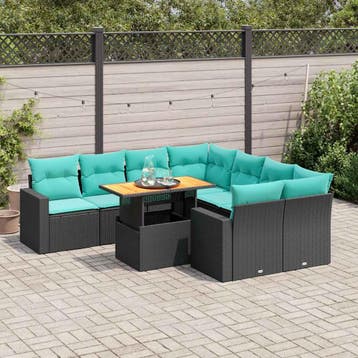 vidaXL 9-delige Loungeset met kussens poly rattan zwart, Tuin en Terras, Tuinsets en Loungesets, Verzenden, Nieuw, Loungeset