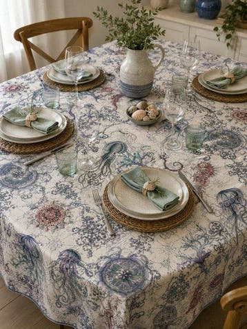 Elegant tafellaken voor grote tafels. Aquarium met vissen -