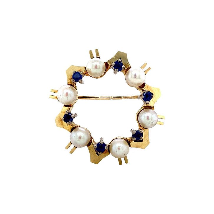 Gouden broche met saffier en parel 14 krt, Sieraden, Tassen en Uiterlijk, Broches, Ophalen of Verzenden