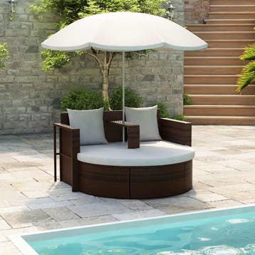 vidaXL Tuinbed met parasol poly rattan bruin, Verzenden, Nieuw
