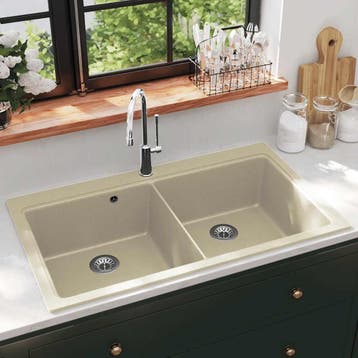 vidaXL Gootsteen dubbele bakken graniet beige, Verzenden, Nieuw