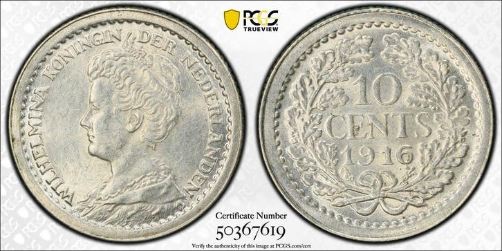 Koningin Wilhelmina 10 cent 1916 PCGS MS63 gecertificeerd, Postzegels en Munten, Munten | Nederland, Losse munt, 10 cent, Koningin Wilhelmina