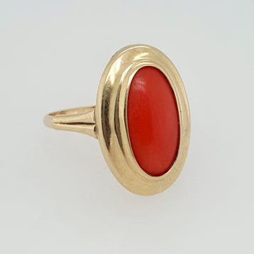 Ring - 14 karaat Geel goud Bloedkoraal, Sieraden, Tassen en Uiterlijk, Nieuw