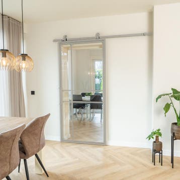 Stalen Schuifdeur Kiezelgrijs 6 Vlaks Helder glas Luxe desig, Doe-het-zelf en Verbouw, Kozijnen en Schuifpuien, 75 tot 150 cm
