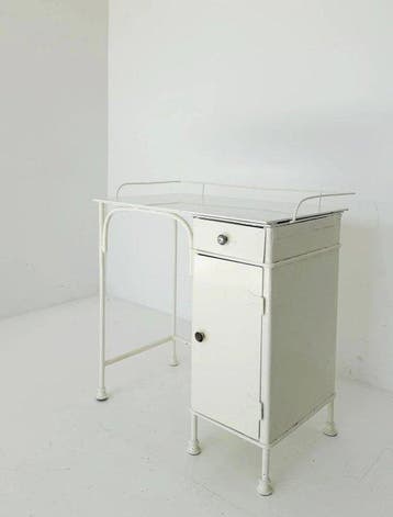 Bureau - Metaal, Glas - Vintage metalen bureau met wit