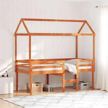 vidaXL Hoogslaper met dak massief grenenhout wasbruin 90x200, 90 cm, Eenpersoons, Bruin, Verzenden
