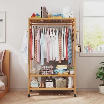 Houten Kledingrek met Wielen en Opbergplanken - Robuust en P, Verzenden, Nieuw