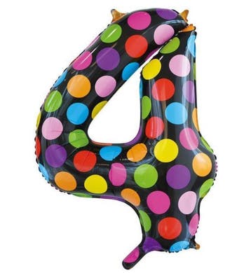 Folie Ballon Cijfer 4 gekleurd stippen 86 cm, Verzenden, Nieuw, Feestartikel, Verjaardag