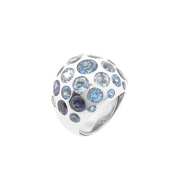 Witgouden gebolde ring met aquamarijn en Amethist, Gebruikt, Ophalen of Verzenden, Kleiner dan 17, Met edelsteen