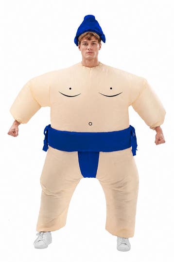 KIMU® Opblaas Kostuum Sumo Worstelaar Blauw Opblaasbaar Pak, Carnaval, Nieuw, Overige maten, Ophalen of Verzenden