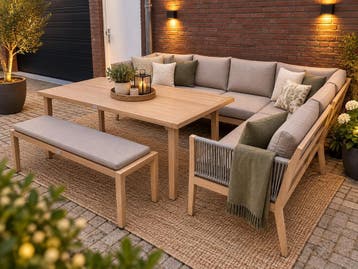 1000 euro korting;  Dining Teak look 6 -delig, Tuin en Terras, Ophalen of Verzenden, Nieuw