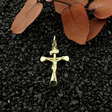 Gouden hanger van een kruis met corpus; INRI, Ophalen of Verzenden, Gebruikt, Goud, Overige merken