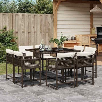 vidaXL 9-delige Tuinset met kussens poly rattan bruin, Verzenden, Nieuw, 8 zitplaatsen, Tuinset