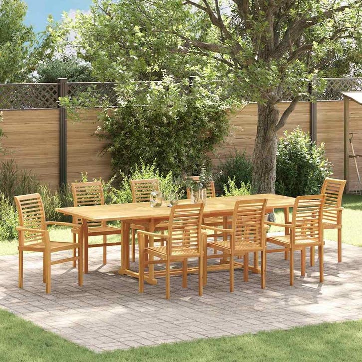 vidaXL Tuin eettafelset 9 pcs Bruin Massief Teakhout, Tuin en Terras, Tuintafels, Nieuw, Verzenden