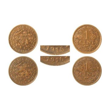 Nederland. Wilhelmina. 1 Cent 1916 korte en lange staart
