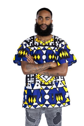 Blauw Geel Samakaka Dashiki Shirt / Dashiki Jurk - Afrikaans, Ophalen of Verzenden, Nieuw