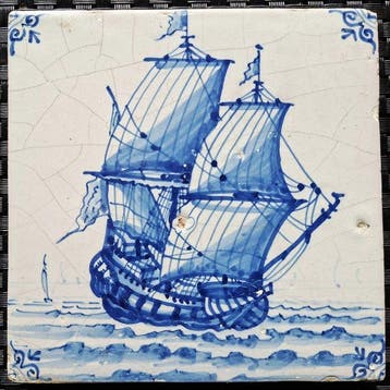 Tegel - Antieke Delftsblauwe tegel met driemaster. -