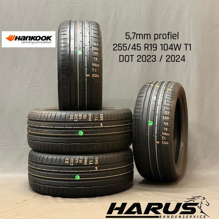 255/45/19 104W T1 Hankook zomerbanden 5,7mm profiel 4X, Auto-onderdelen, Banden en Velgen, 19 inch, Erkend duurzaam, Zomerbanden