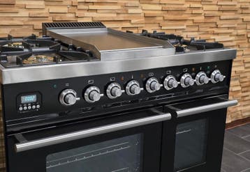 Boretti gasfornuis 90cm hoogglans zwart + rvs 2 ovens Frytop, 60 cm of meer, Zo goed als nieuw, Energieklasse A of zuiniger, Gas