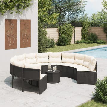 vidaXL Tuinbank met tafel en kussens rond poly rattan zwart, Verzenden, Nieuw