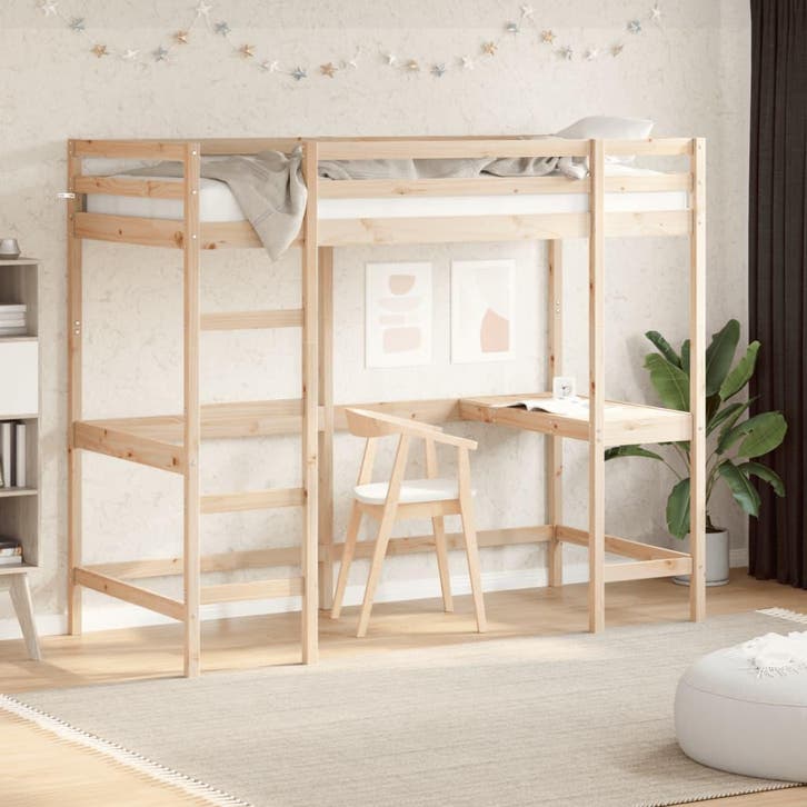 vidaXL Hoogslaper met bureau massief grenenhout 90x200 cm, Huis en Inrichting, Slaapkamer | Bedden, 90 cm, 200 cm, Bruin, Eenpersoons