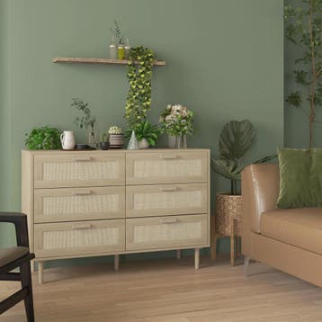 Stijlvolle Commode met 6 Lades en Rotan Fronten - Licht Hout, Verzenden, Nieuw