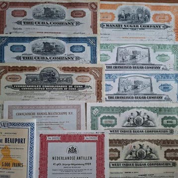 Document - C & The Carribean, 12 historic shares and bonds,, Antiek en Kunst