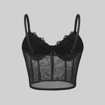 Zwarte Mesh Bustier Crop Top met Push-Up Effect - Elegante L, Verzenden