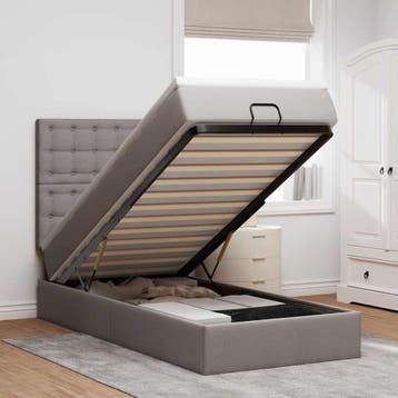 vidaXL Bed poef met matras en LEDs 90x200 cm stof taupe, 90 cm, Eenpersoons, Verzenden, Nieuw