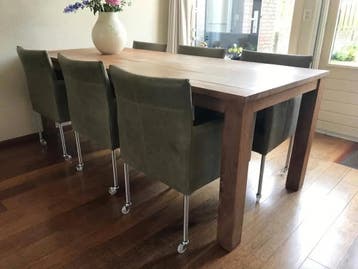 Set van 6 groene leren kuip eetkamerstoelen met wielen, Huis en Inrichting, Stoelen, Ophalen of Verzenden, Nieuw, Leer