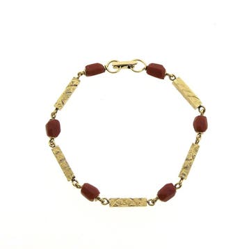 Vintage gouden armband met bloedkoraal (Schakelarmband), Gebruikt, Ophalen of Verzenden, Met edelsteen, Goud